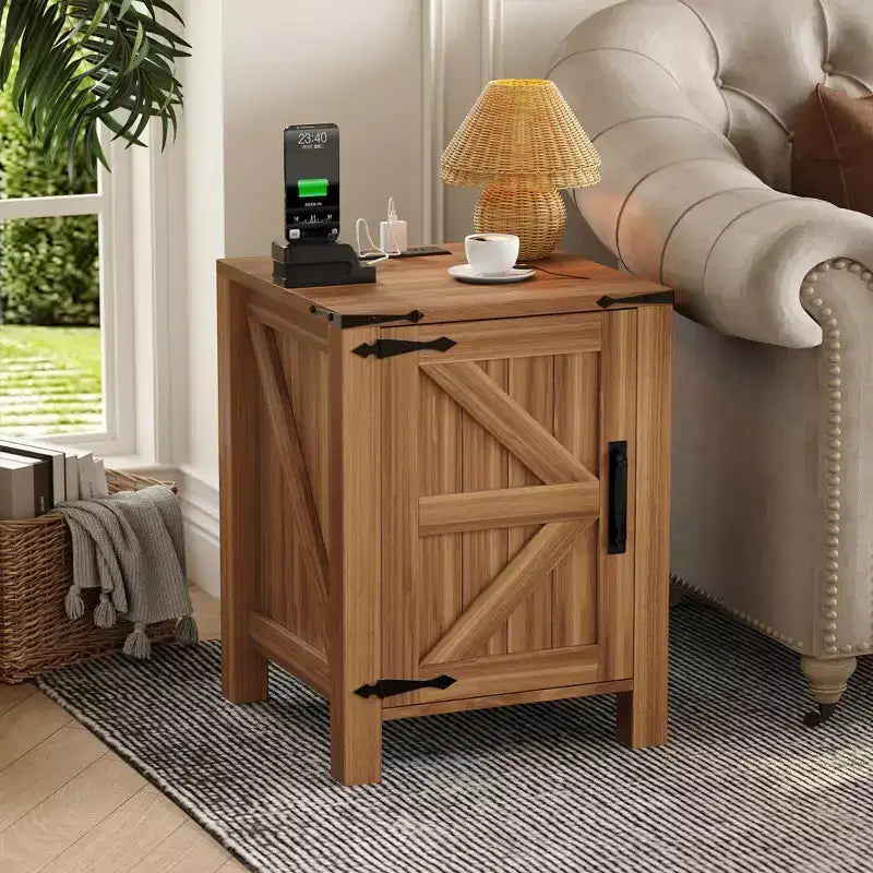 COZONY 18 Rustic Bedside Table with Sliding Barn Door, Adjustable Shelf End Table for Bedroom