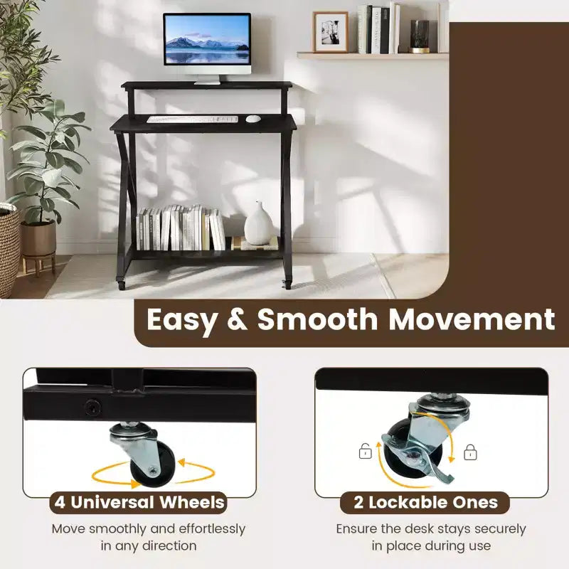 Costway Rolling Computer Desk, 32 Laptop Desk with Charging Station & Monitor Shelf Rustic Brown/Black