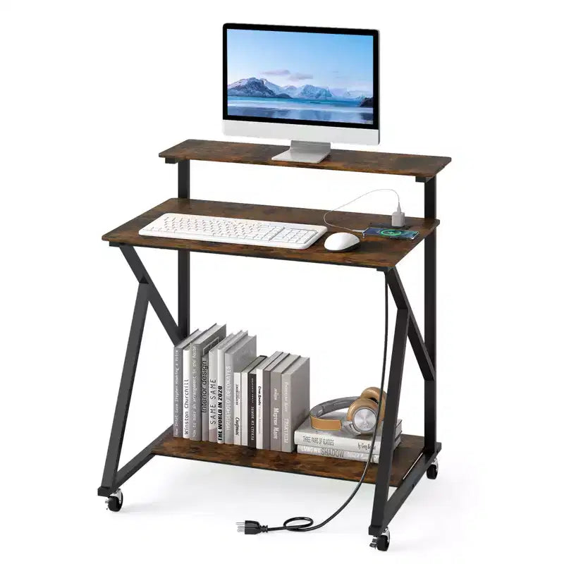 Costway Rolling Computer Desk, 32 Laptop Desk with Charging Station & Monitor Shelf Rustic Brown/Black