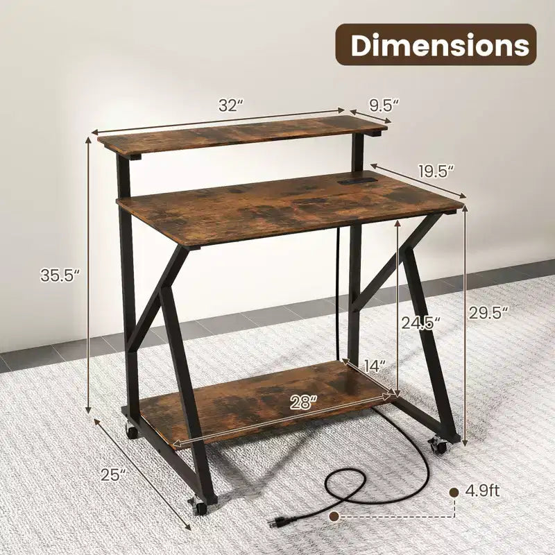 Costway Rolling Computer Desk, 32 Laptop Desk with Charging Station & Monitor Shelf Rustic Brown/Black