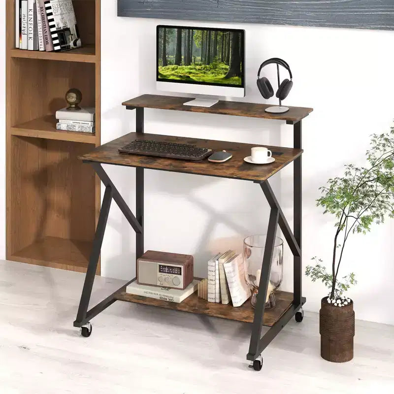 Costway Rolling Computer Desk, 32 Laptop Desk with Charging Station & Monitor Shelf Rustic Brown/Black