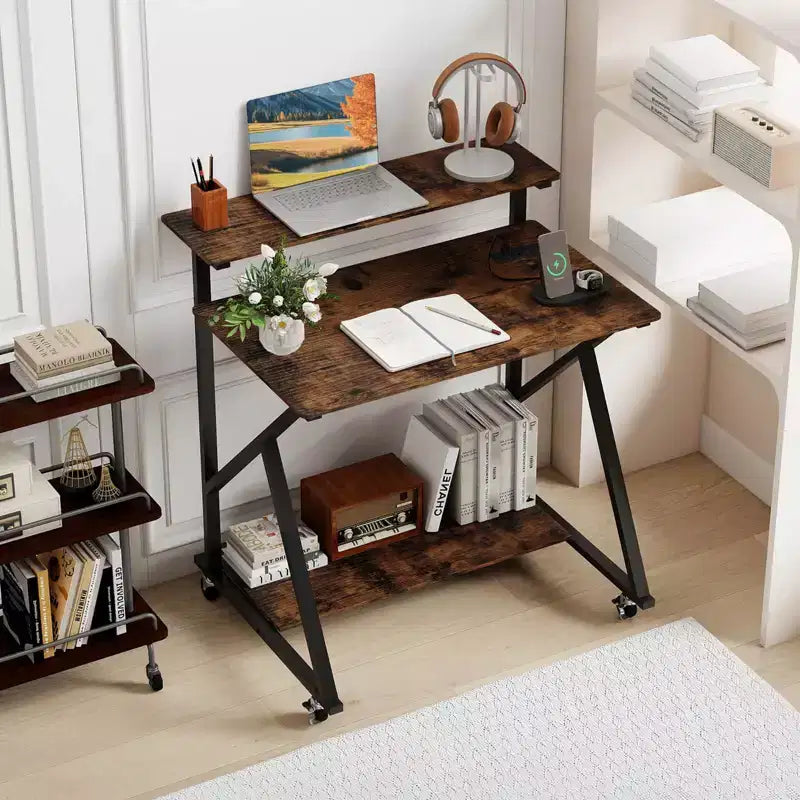 Costway Rolling Computer Desk, 32 Laptop Desk with Charging Station & Monitor Shelf Rustic Brown/Black