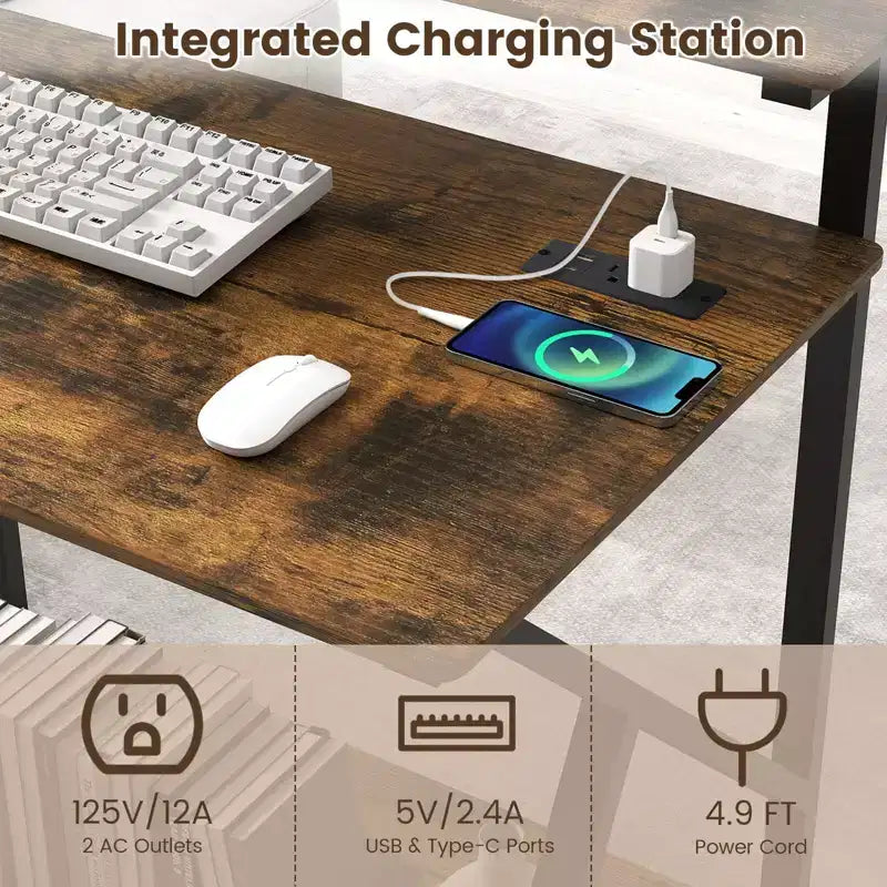 Costway Rolling Computer Desk, 32 Laptop Desk with Charging Station & Monitor Shelf Rustic Brown/Black
