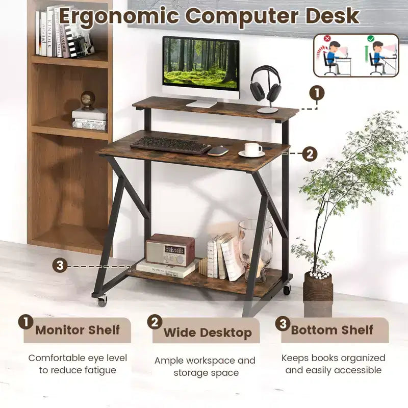 Costway Rolling Computer Desk, 32 Laptop Desk with Charging Station & Monitor Shelf Rustic Brown/Black