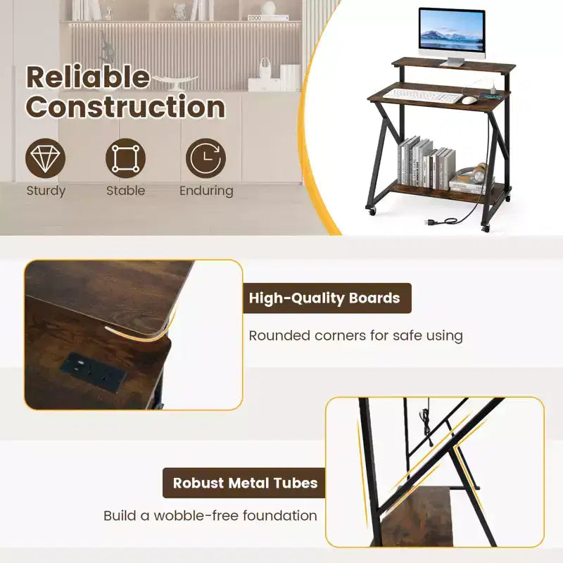Costway Rolling Computer Desk, 32 Laptop Desk with Charging Station & Monitor Shelf Rustic Brown/Black