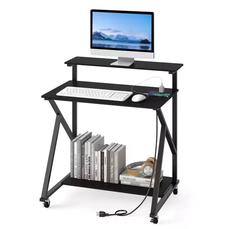 Costway Rolling Computer Desk, 32 Laptop Desk with Charging Station & Monitor Shelf Rustic Brown/Black