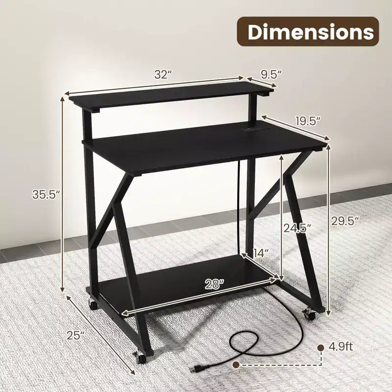 Costway Rolling Computer Desk, 32 Laptop Desk with Charging Station & Monitor Shelf Rustic Brown/Black