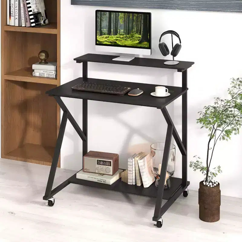 Costway Rolling Computer Desk, 32 Laptop Desk with Charging Station & Monitor Shelf Rustic Brown/Black