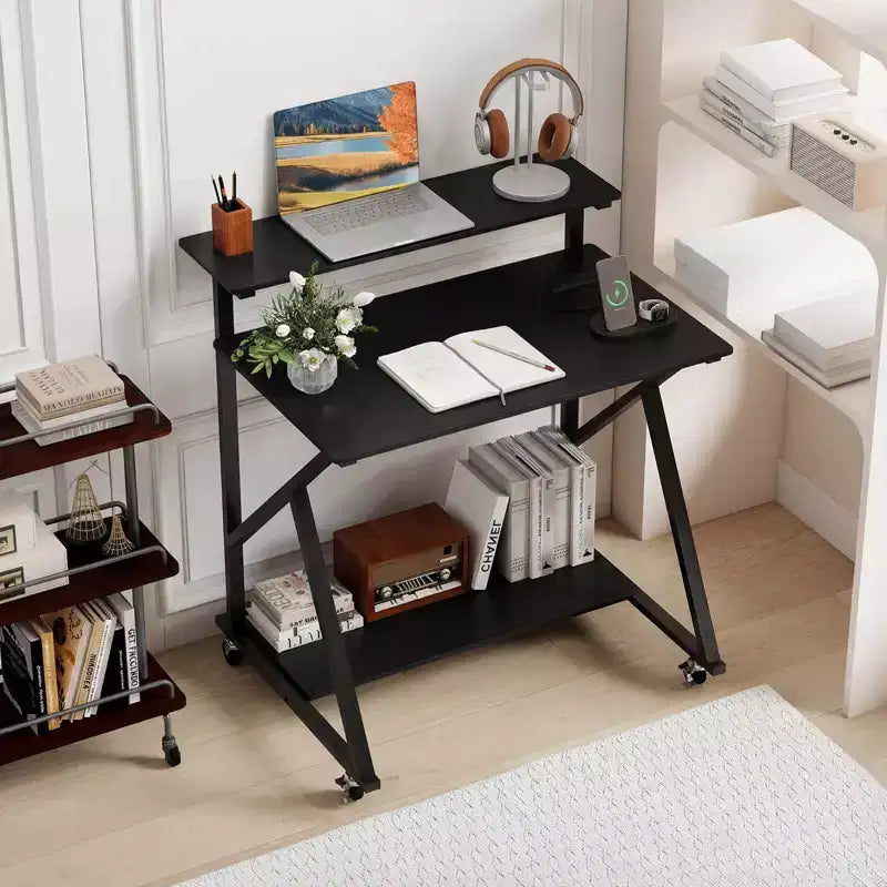 Costway Rolling Computer Desk, 32 Laptop Desk with Charging Station & Monitor Shelf Rustic Brown/Black