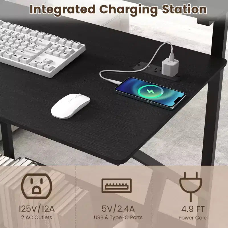 Costway Rolling Computer Desk, 32 Laptop Desk with Charging Station & Monitor Shelf Rustic Brown/Black
