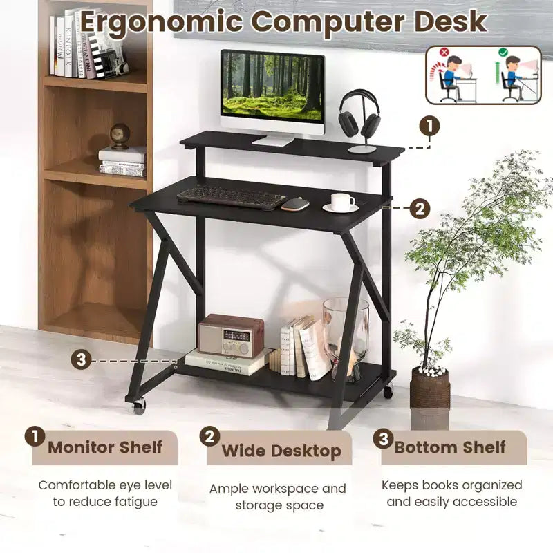 Costway Rolling Computer Desk, 32 Laptop Desk with Charging Station & Monitor Shelf Rustic Brown/Black