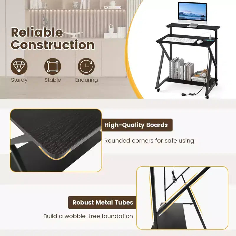 Costway Rolling Computer Desk, 32 Laptop Desk with Charging Station & Monitor Shelf Rustic Brown/Black