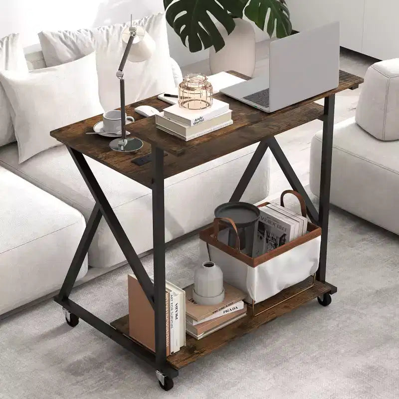 Costway Rolling Computer Desk, 32 Laptop Desk with Charging Station & Monitor Shelf Rustic Brown/Black