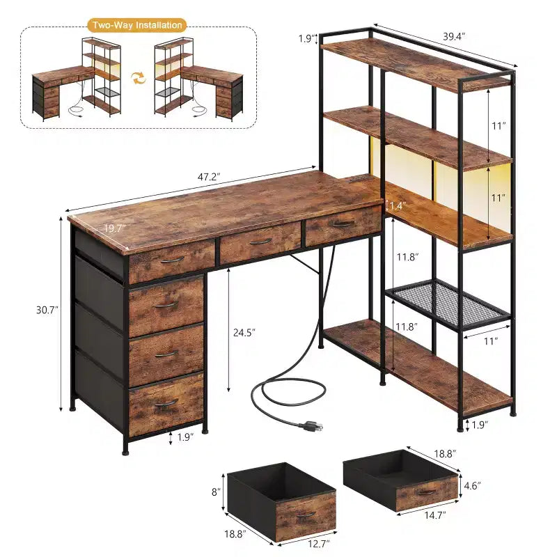 L Shaped Gaming Computer Desk with 6 Fabric Drawers, Open Shelves, Power Outlets & LED Lights, Home Office PC Corner Table