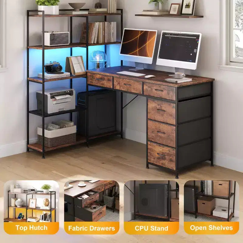 L Shaped Gaming Computer Desk with 6 Fabric Drawers, Open Shelves, Power Outlets & LED Lights, Home Office PC Corner Table