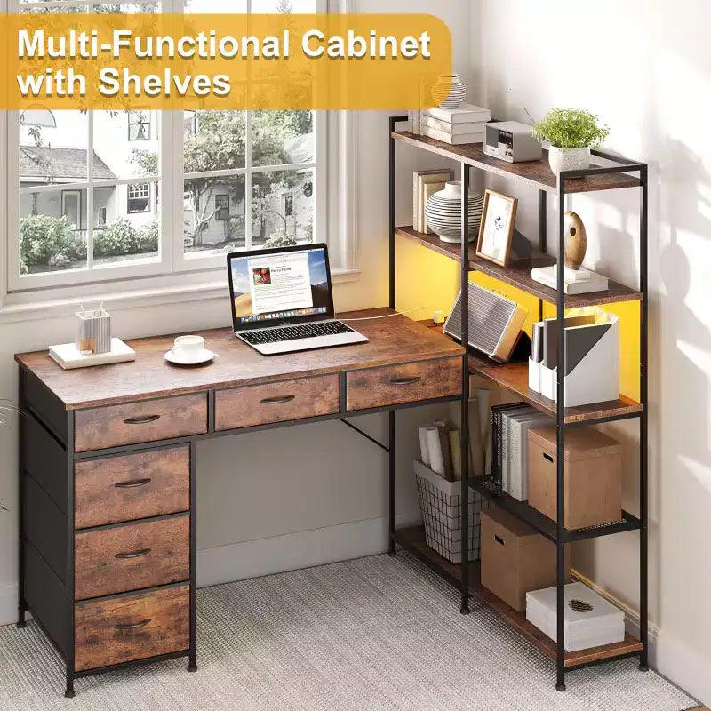 L Shaped Gaming Computer Desk with 6 Fabric Drawers, Open Shelves, Power Outlets & LED Lights, Home Office PC Corner Table