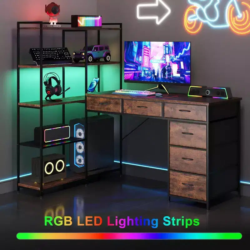 L Shaped Gaming Computer Desk with 6 Fabric Drawers, Open Shelves, Power Outlets & LED Lights, Home Office PC Corner Table