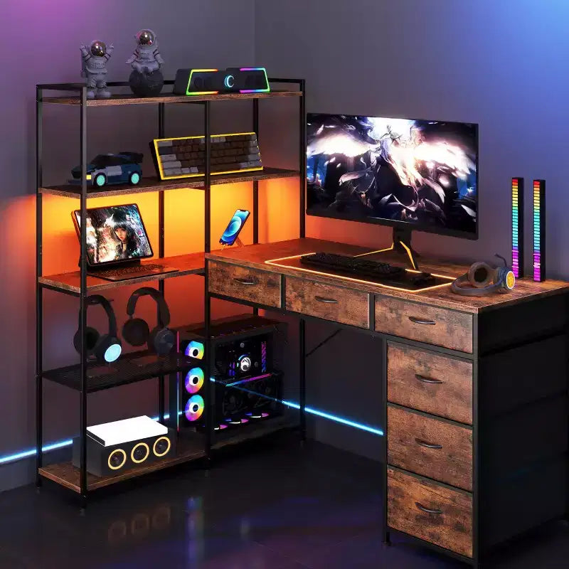 L Shaped Gaming Computer Desk with 6 Fabric Drawers, Open Shelves, Power Outlets & LED Lights, Home Office PC Corner Table