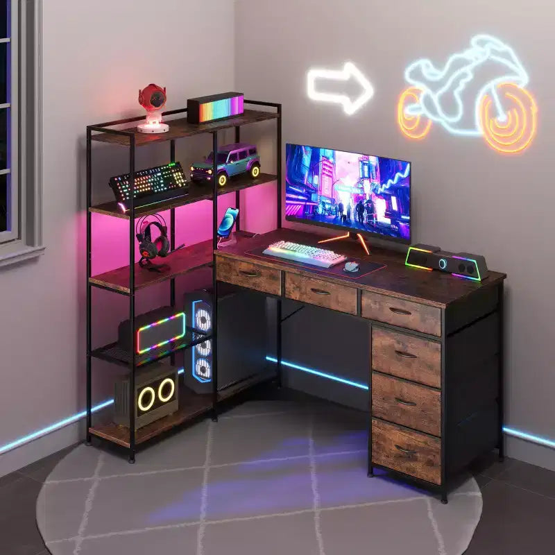 L Shaped Gaming Computer Desk with 6 Fabric Drawers, Open Shelves, Power Outlets & LED Lights, Home Office PC Corner Table