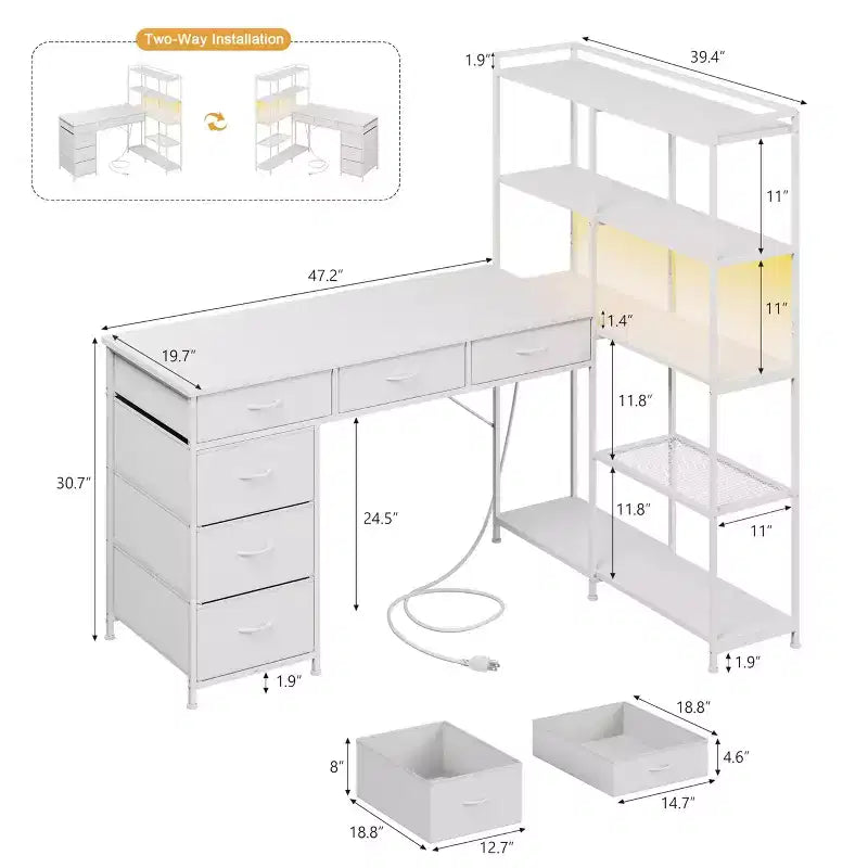L Shaped Gaming Computer Desk with 6 Fabric Drawers, Open Shelves, Power Outlets & LED Lights, Home Office PC Corner Table