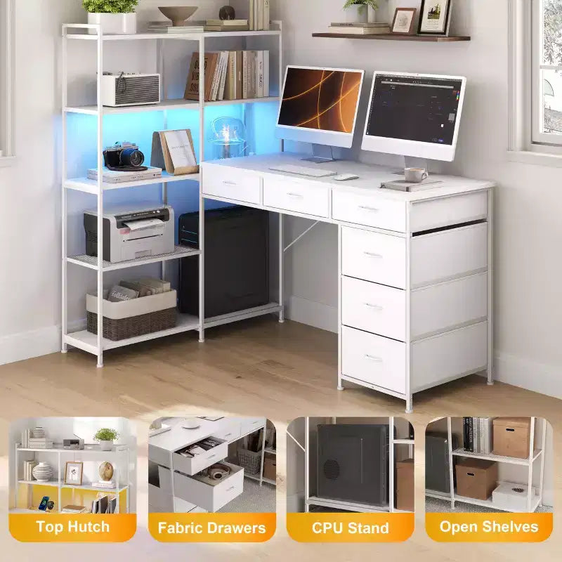 L Shaped Gaming Computer Desk with 6 Fabric Drawers, Open Shelves, Power Outlets & LED Lights, Home Office PC Corner Table