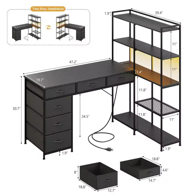 L Shaped Gaming Computer Desk with 6 Fabric Drawers, Open Shelves, Power Outlets & LED Lights, Home Office PC Corner Table