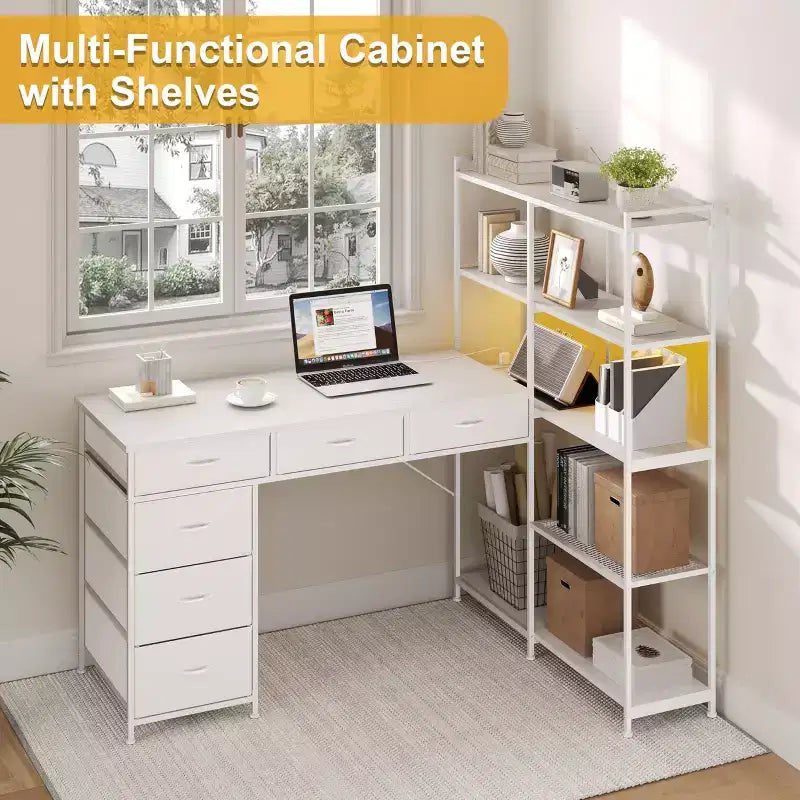L Shaped Gaming Computer Desk with 6 Fabric Drawers, Open Shelves, Power Outlets & LED Lights, Home Office PC Corner Table