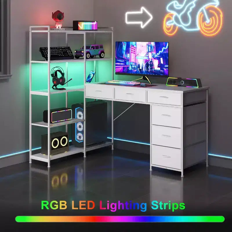 L Shaped Gaming Computer Desk with 6 Fabric Drawers, Open Shelves, Power Outlets & LED Lights, Home Office PC Corner Table