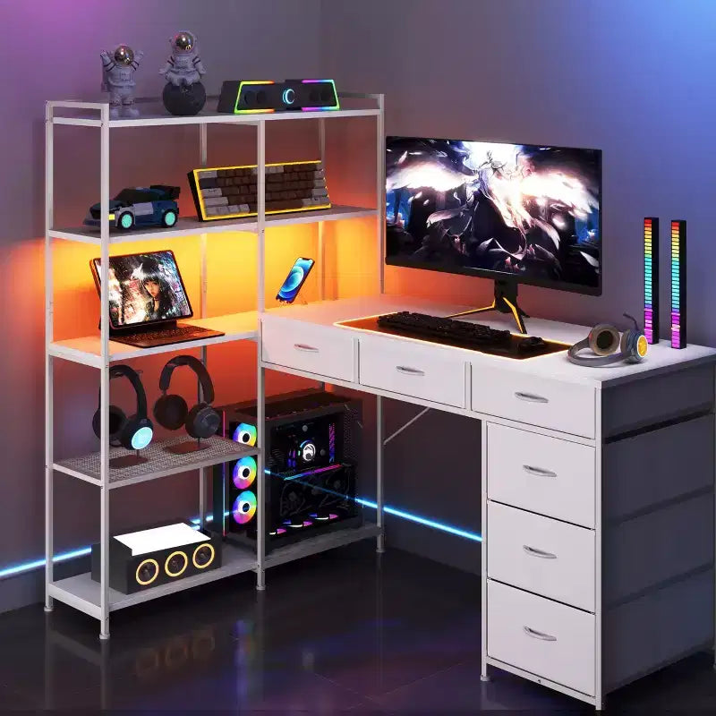 L Shaped Gaming Computer Desk with 6 Fabric Drawers, Open Shelves, Power Outlets & LED Lights, Home Office PC Corner Table