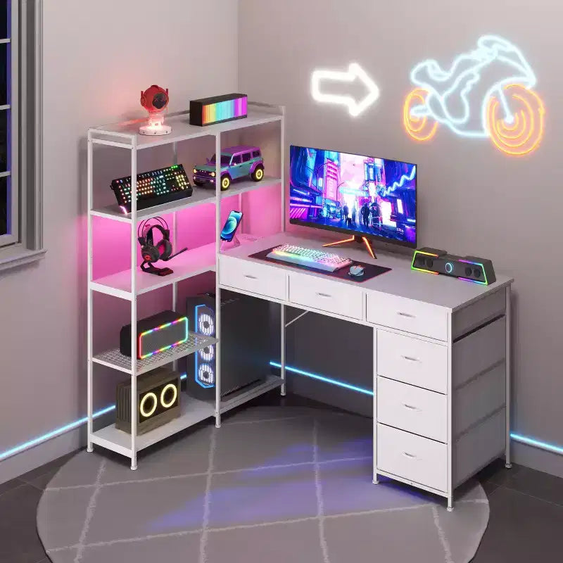 L Shaped Gaming Computer Desk with 6 Fabric Drawers, Open Shelves, Power Outlets & LED Lights, Home Office PC Corner Table