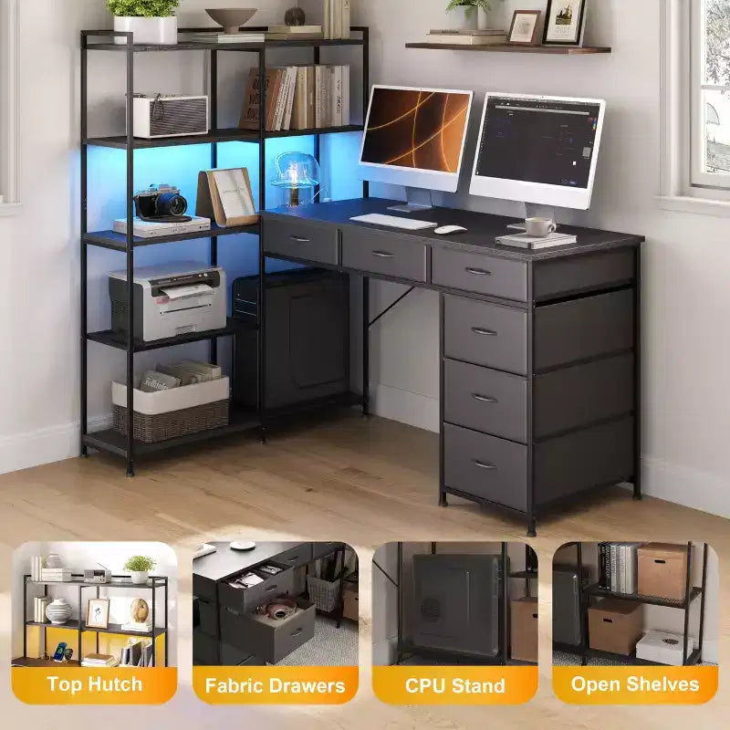 L Shaped Gaming Computer Desk with 6 Fabric Drawers, Open Shelves, Power Outlets & LED Lights, Home Office PC Corner Table