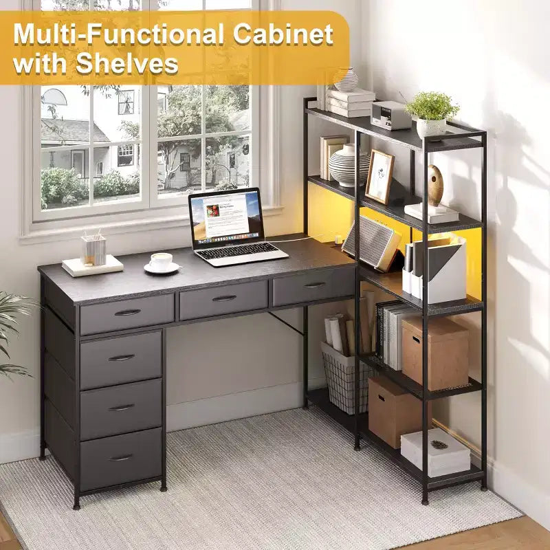 L Shaped Gaming Computer Desk with 6 Fabric Drawers, Open Shelves, Power Outlets & LED Lights, Home Office PC Corner Table
