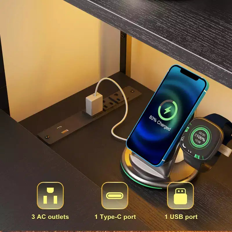 L Shaped Gaming Computer Desk with 6 Fabric Drawers, Open Shelves, Power Outlets & LED Lights, Home Office PC Corner Table