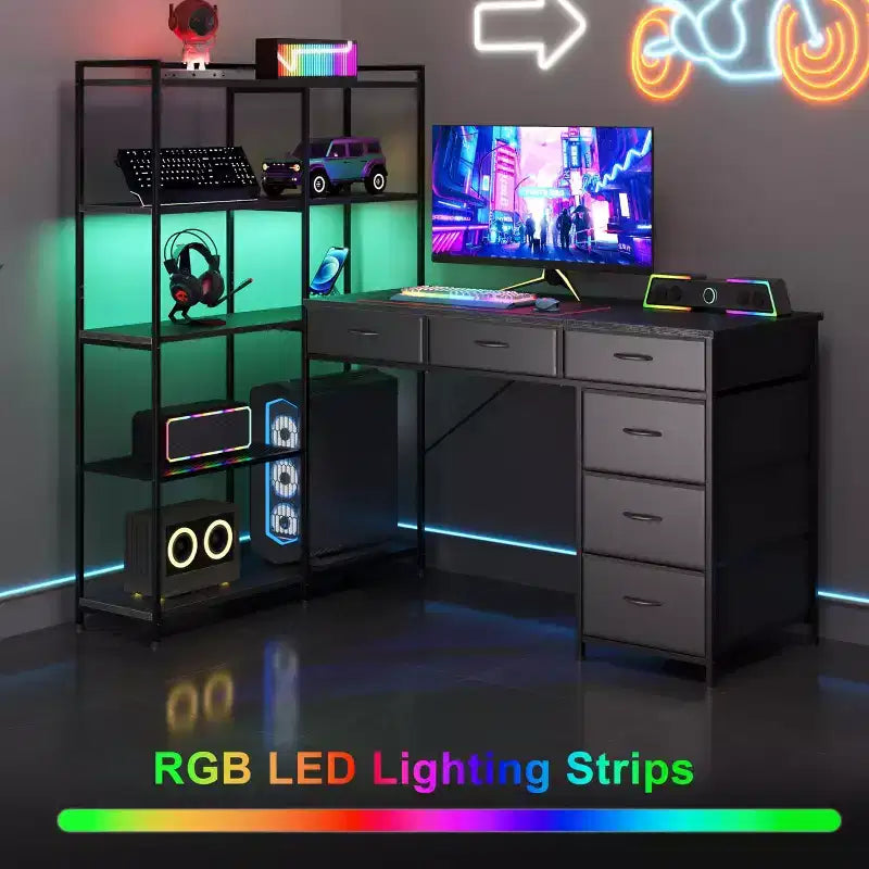 L Shaped Gaming Computer Desk with 6 Fabric Drawers, Open Shelves, Power Outlets & LED Lights, Home Office PC Corner Table