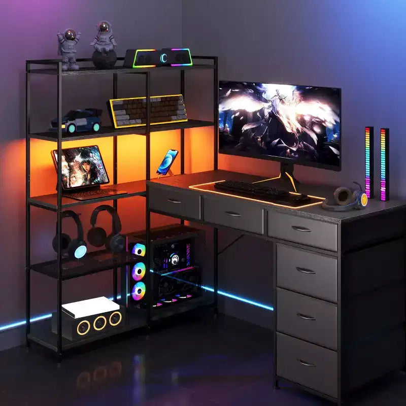 L Shaped Gaming Computer Desk with 6 Fabric Drawers, Open Shelves, Power Outlets & LED Lights, Home Office PC Corner Table