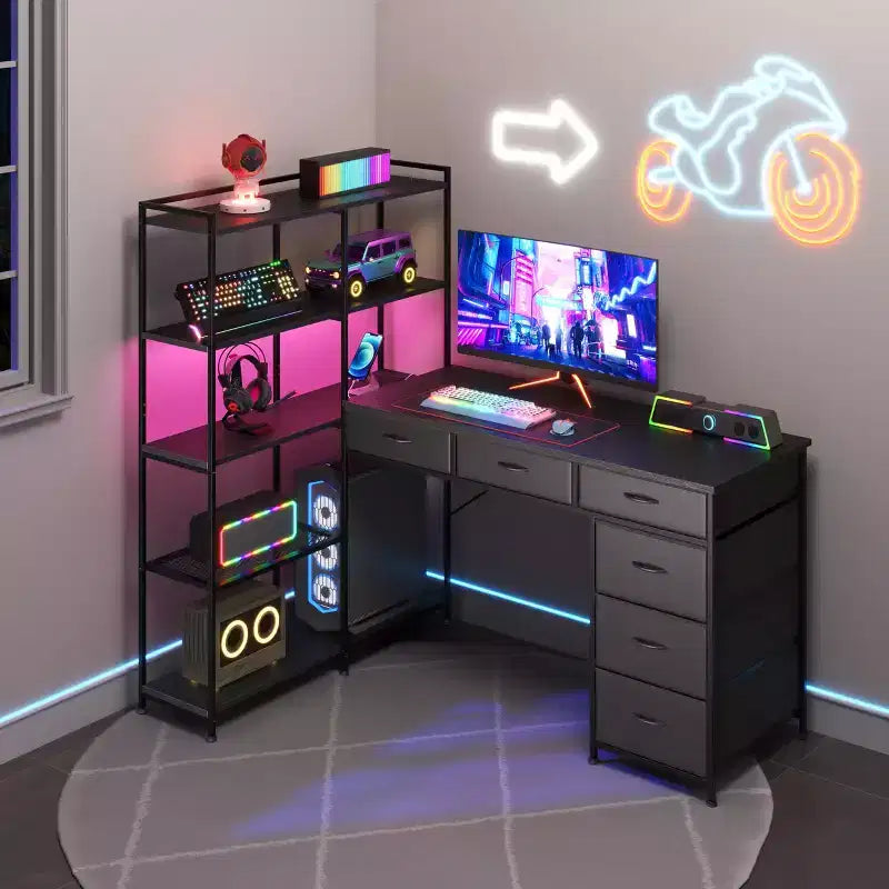 L Shaped Gaming Computer Desk with 6 Fabric Drawers, Open Shelves, Power Outlets & LED Lights, Home Office PC Corner Table
