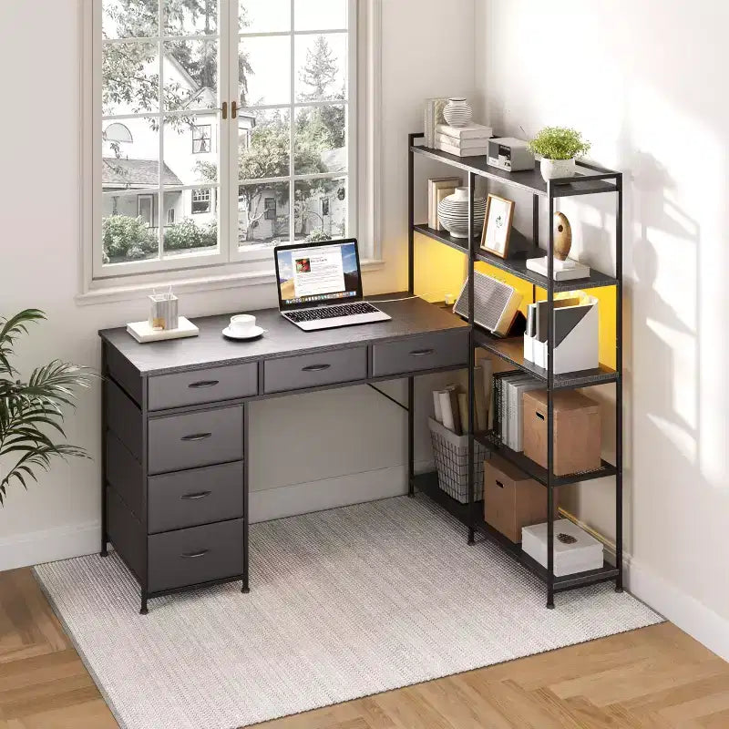 L Shaped Gaming Computer Desk with 6 Fabric Drawers, Open Shelves, Power Outlets & LED Lights, Home Office PC Corner Table