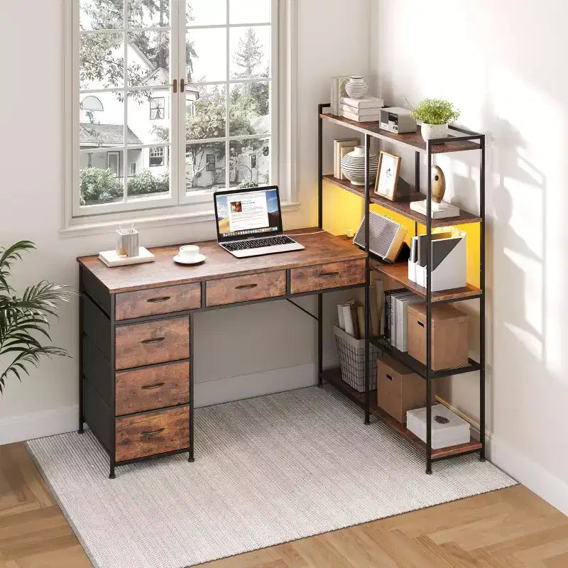 L Shaped Gaming Computer Desk with 6 Fabric Drawers, Open Shelves, Power Outlets & LED Lights, Home Office PC Corner Table