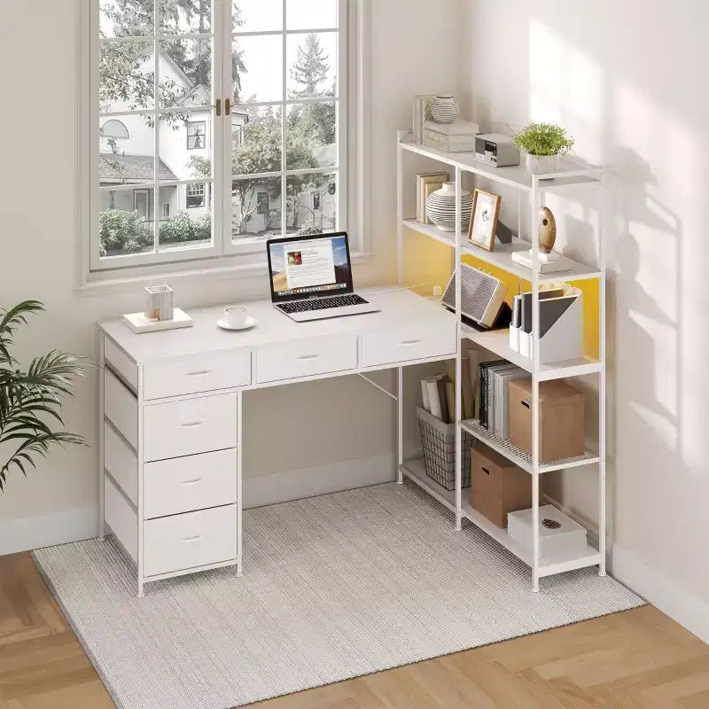 L Shaped Gaming Computer Desk with 6 Fabric Drawers, Open Shelves, Power Outlets & LED Lights, Home Office PC Corner Table