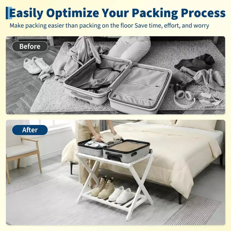 Folding Bamboo Luggage Rack, 2-Tier Suitcase Stand with 5 Nylon Straps, Holds Up to 150 lb for Guest Rooms, Bedrooms & Hotels