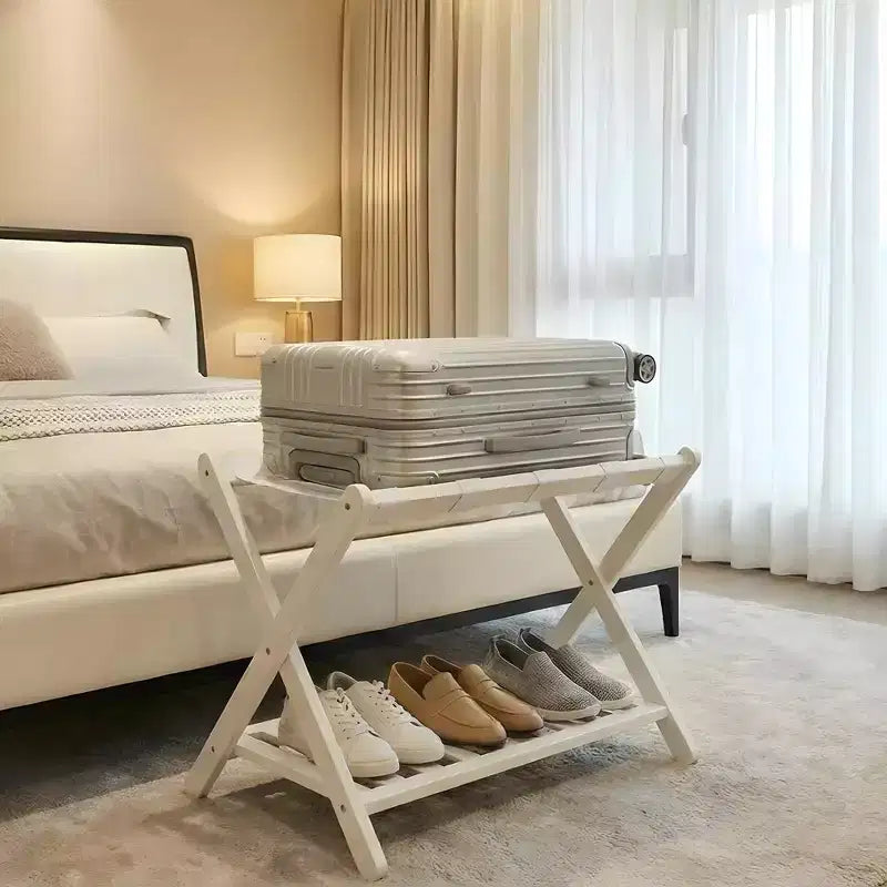 Folding Bamboo Luggage Rack, 2-Tier Suitcase Stand with 5 Nylon Straps, Holds Up to 150 lb for Guest Rooms, Bedrooms & Hotels