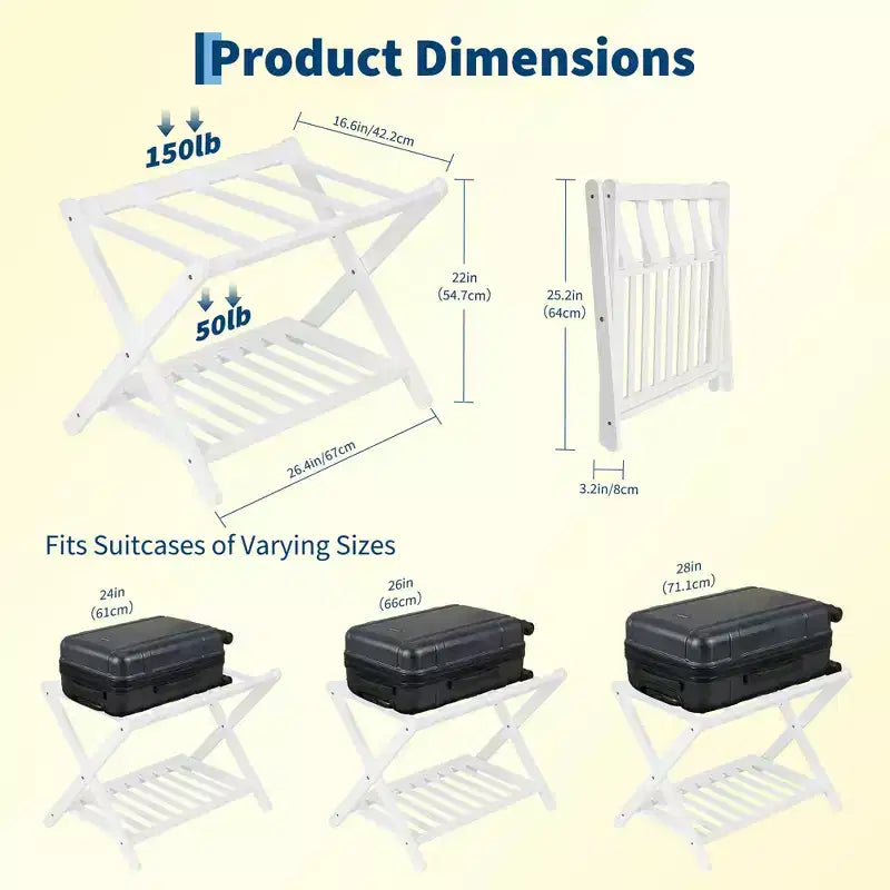 Folding Bamboo Luggage Rack, 2-Tier Suitcase Stand with 5 Nylon Straps, Holds Up to 150 lb for Guest Rooms, Bedrooms & Hotels