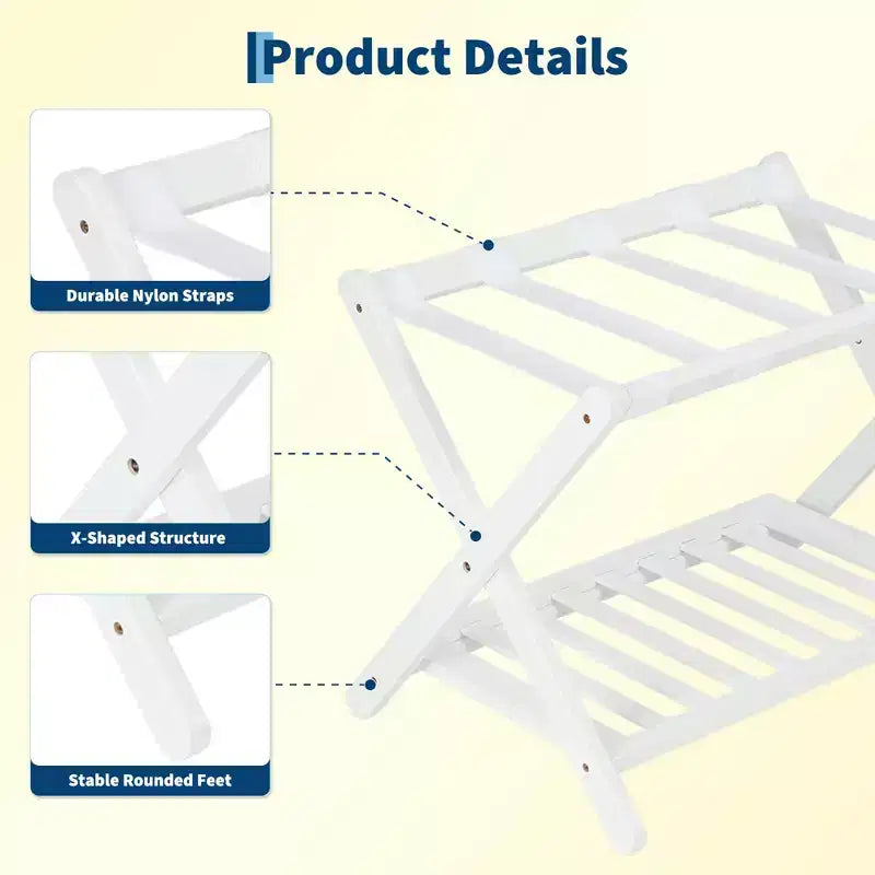 Folding Bamboo Luggage Rack, 2-Tier Suitcase Stand with 5 Nylon Straps, Holds Up to 150 lb for Guest Rooms, Bedrooms & Hotels