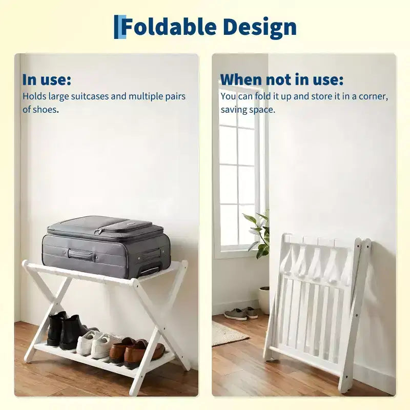 Folding Bamboo Luggage Rack, 2-Tier Suitcase Stand with 5 Nylon Straps, Holds Up to 150 lb for Guest Rooms, Bedrooms & Hotels