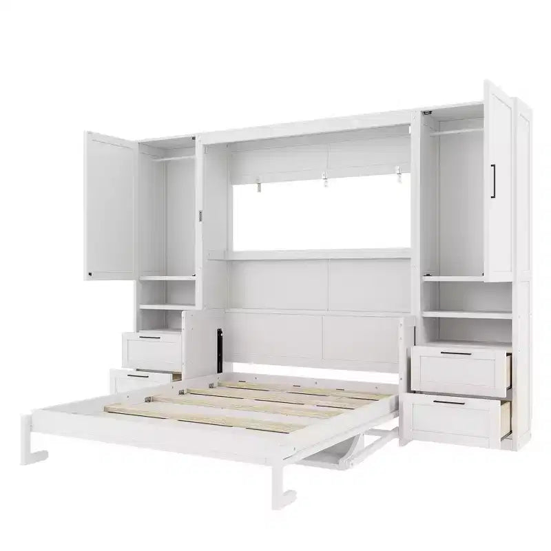Luxystar Queen Modern Murphy Bed with 2 Wardrobe, 4 Drawers and Shelves