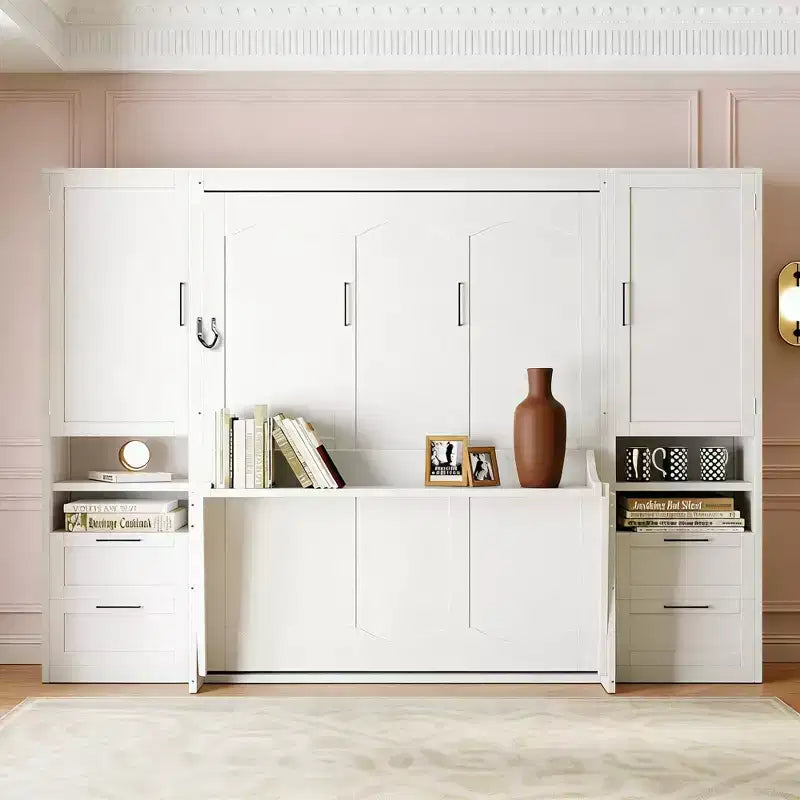 Luxystar Queen Modern Murphy Bed with 2 Wardrobe, 4 Drawers and Shelves