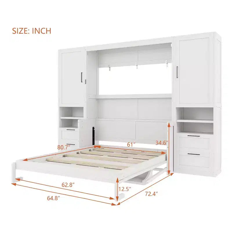 Luxystar Queen Modern Murphy Bed with 2 Wardrobe, 4 Drawers and Shelves