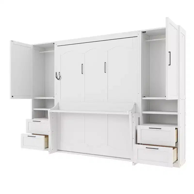 Luxystar Queen Modern Murphy Bed with 2 Wardrobe, 4 Drawers and Shelves