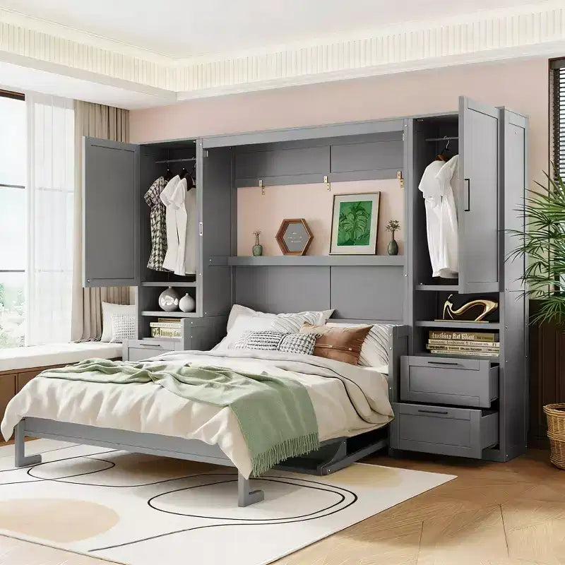 Luxystar Queen Modern Murphy Bed with 2 Wardrobe, 4 Drawers and Shelves