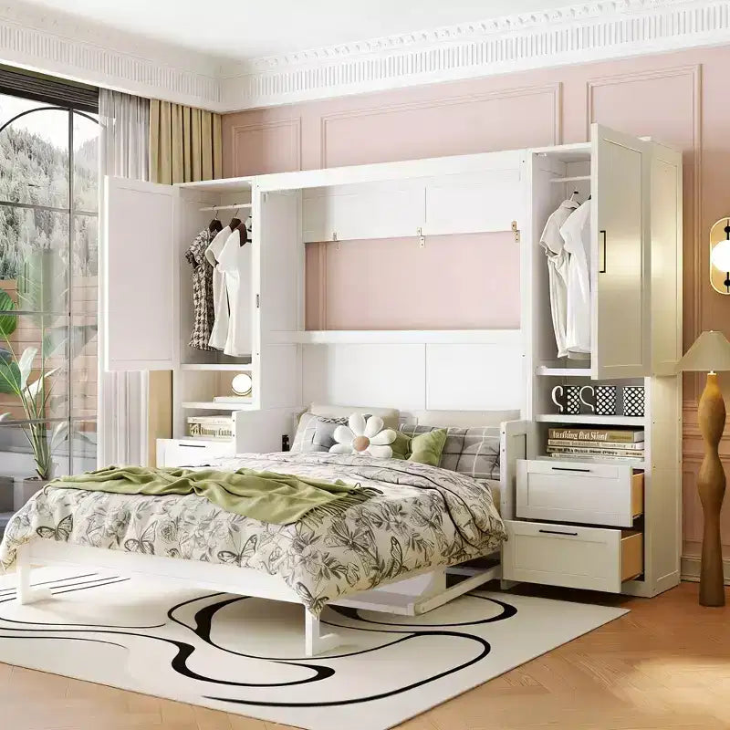 Luxystar Queen Modern Murphy Bed with 2 Wardrobe, 4 Drawers and Shelves